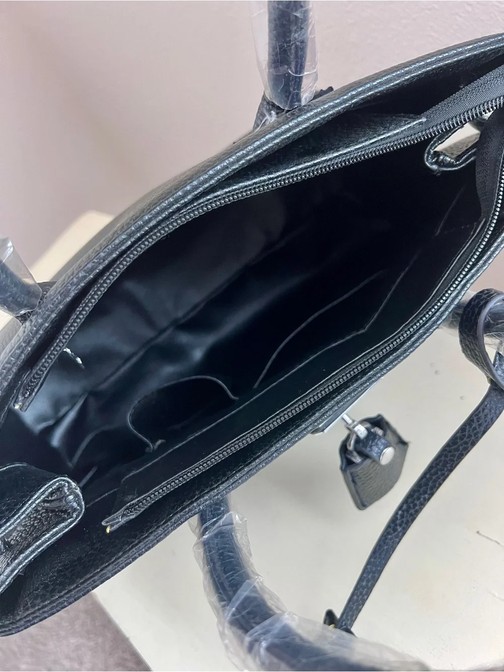 New Black Pebbled Leather Structured Satchel Handbag | Silver Lock Accent Tote
